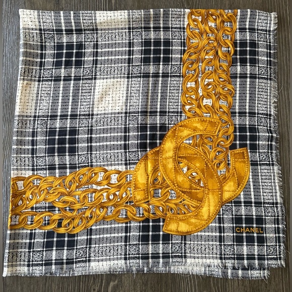 Chanel VTG Cashmere Silk Black & White Striped CC Gold Medallion Chain Scarf! - Picture 2 of 9